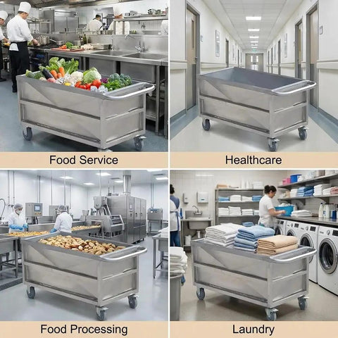 Industrial Stainless Steel Utility Cart With Locking Swivel Wheels And Deep Soak Tank for Food Service, Healthcare, and Laundry.