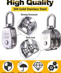 4 Pack M20 Pulley Block Set With 2 Single Pulleys And 2 Double Pulleys, Stainless Steel, Built Tough, Rust And Corrosion Resistant, 360 Degree Rotating, Rugged Shockproof Hardware For Heavy Duty Lifting And Rigging.