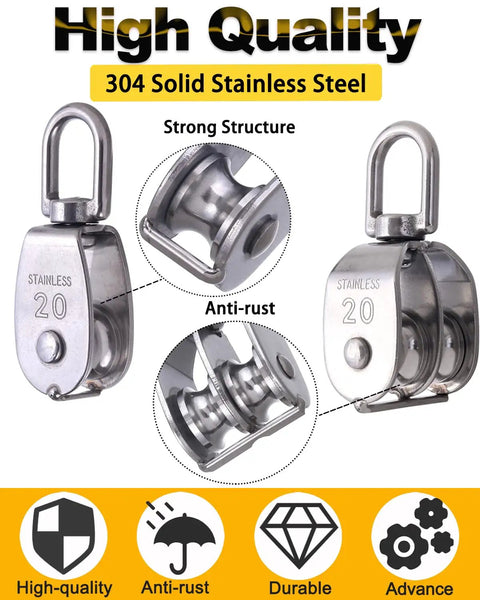 4 Pack M20 Pulley Block Set With 2 Single Pulleys And 2 Double Pulleys, Stainless Steel, Built Tough, Rust And Corrosion Resistant, 360 Degree Rotating, Rugged Shockproof Hardware For Heavy Duty Lifting And Rigging.