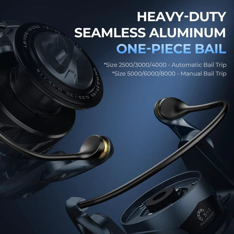 Close-up of ReKon Saltwater Spinning Reel With NyliTech Body And Water Resistant Design For Big Game Fishing 6.2 To 1 High Speed Gear