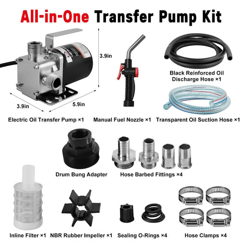 Beefy 8 GPM 110V Electric Fuel Transfer Pump Kit For Diesel Kerosene And Oils shown with components like hoses and nozzles