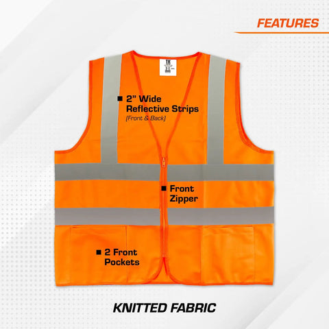 Top Tier Real Deal High Visibility Safety Vest Neon Orange Knitted Mesh With Dual Cargo Pockets Front Zipper Closure Two Inch Reflective Tape Class 2 Certified 5XL features reflective strips and cargo pockets.
