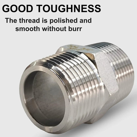Four Pack 1/2 Inch Stainless Steel Nipple Fittings, 304 Stainless Steel 1/2 Inch NPT Male Threaded Pipe Adapters, Close-up View