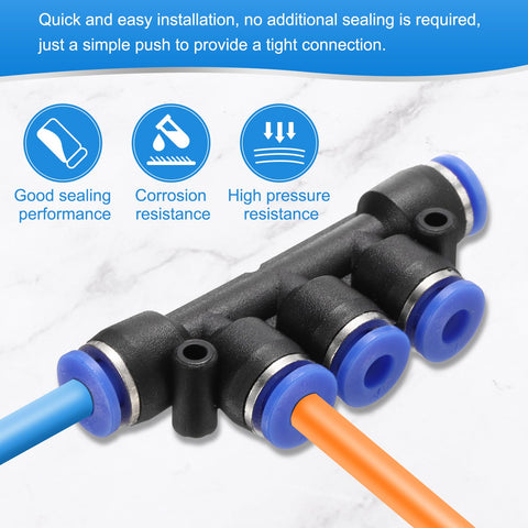 Inline 5 Way Manifold Union Fitting Kit, 6mm OD Plastic Pneumatic Push To Connect Tube Fittings with blue and orange tubes