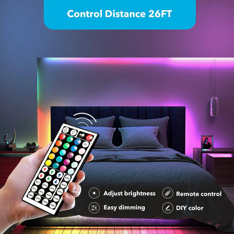 Control distance demonstration of Two Pack 44 Key IR Remote Control For RGB LED Strip Lights in a bedroom setting