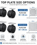 Four Pack Plate Mount Swivel Casters 360 Degree Wheels For Cabinets Carts Storage Racks And Small Furniture Durable PP Wheel Set With 1 Inch To 2 Inch Sizes, image shows size options and features