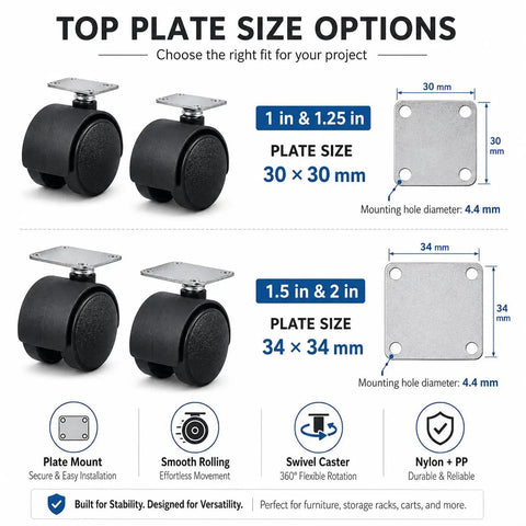 Four Pack Plate Mount Swivel Casters 360 Degree Wheels For Cabinets Carts Storage Racks And Small Furniture Durable PP Wheel Set With 1 Inch To 2 Inch Sizes, image shows size options and features