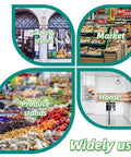 Collage of grocery stores, market, produce stands, and home kitchen, text emphasizing 'Widely use' in four-leaf frame design.