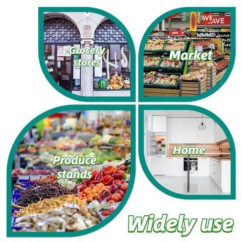 Collage of grocery stores, market, produce stands, and home kitchen, text emphasizing 'Widely use' in four-leaf frame design.