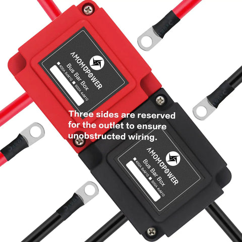 Rig Ready Beefed Up 400Amp 12 To 48Volt Tin Plated Copper Bus Bar With Eight M10 Studs For Hassle Free Battery Junction Independent Solar Build in red and black.