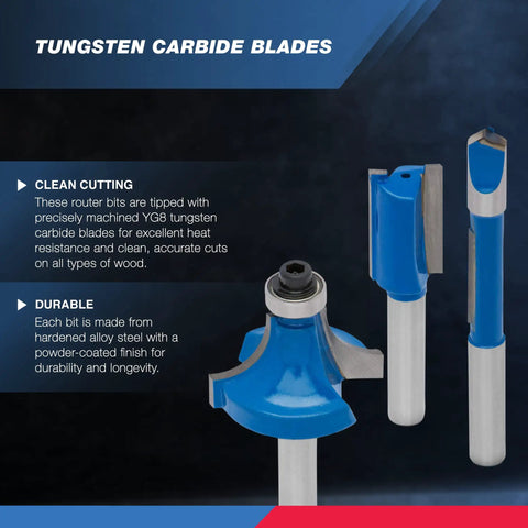 Pro Grade YG8 Tungsten Carbide Router Bits Set, 15 Piece Kit For Clean, Precise Wood Cuts, Heat Resistant Blades, with text