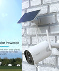 Wireless Outdoor Security Camera With 2K Solar Power, Spotlight And Siren, AI Motion Detection mounted on brick wall