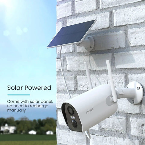 Wireless Outdoor Security Camera With 2K Solar Power, Spotlight And Siren, AI Motion Detection mounted on brick wall