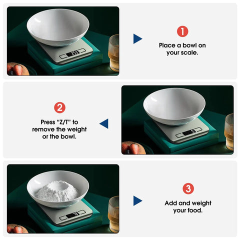Instruction steps for using High Accuracy Digital Kitchen Scale For Baking And Cooking, 22 Lb Capacity, 1 Gram Increments, tare function.