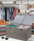 Collapsible Linen Fabric Storage Bin For Clothes Shoes And Toys Nifty Foldable Home Basket With Roomy Capacity To Keep Your Space Neat And Zero Stress Storage In Black with open compartments.