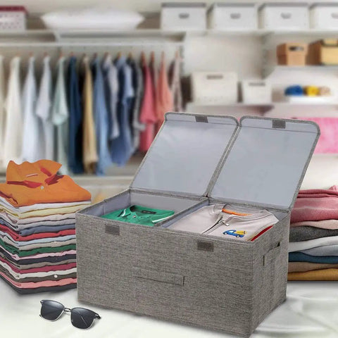 Nifty Collapsible Linen Fabric Storage Basket With Sturdy Foldable Design For Clothes Toys Shoes Books Towels And Magazines Sweet Home Organization Setup with clothes organized inside.
