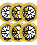 Inline Skate Wheels 110mm 85A Dope Outdoor And Indoor Set 6 Pack with PU material, yellow color, and bearings visible
