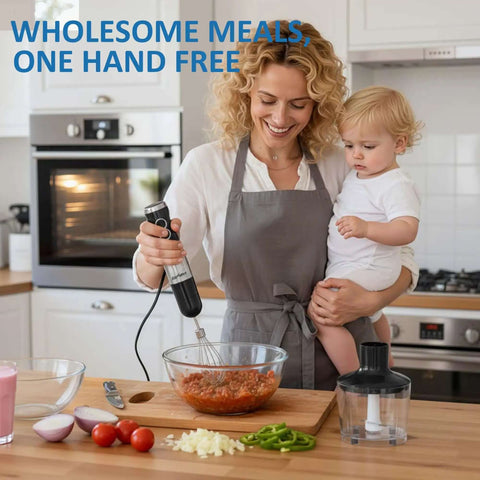 Woman using Total Beast 1000W Hand Blender With 12 Speed Immersion Tool for blending in a bowl while holding a child.