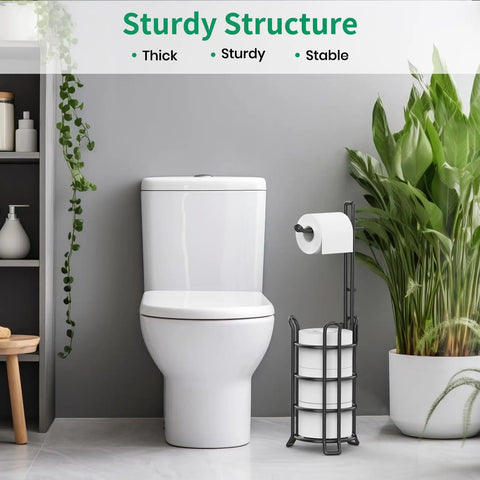 Sturdy Free Standing Toilet Paper Holder Dispenser with 3 Roll Storage Tower Metal Wire Black Finish in bathroom setup
