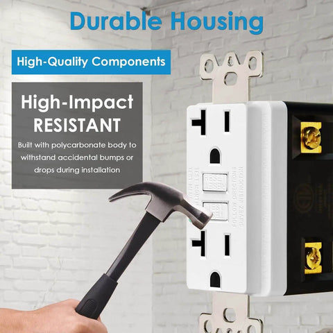 Fifty Pack Of Twenty Amp GFCI Wall Outlets Deliver Solid Shock Defense With Rapid Trip Circuit Led Status Display UL Approved Safe Home Wiring Straight Shooter Design showcasing durable polycarbonate housing.