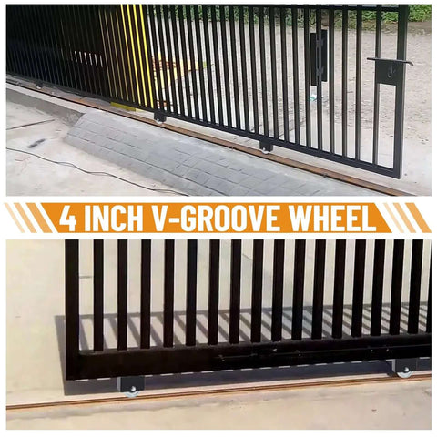 Sliding gate with 4 Inch V Groove Slide Gate Wheel With Welded Bracket Box For Inverted V Track Systems installed on driveway.