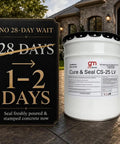 Professional Acrylic Concrete Cure And Seal For Pool Decks And Garages Locks In Moisture Stops Cracking Dusting And Spalling Knockout Performance Formula With Zero Hassle Five Gallon Container next to a sign showing curing times.