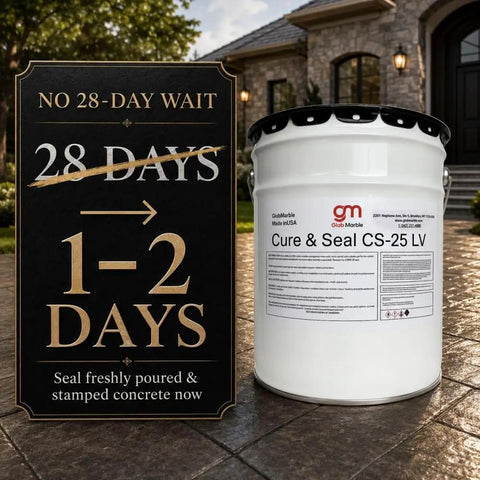 Professional Acrylic Concrete Cure And Seal For Pool Decks And Garages Locks In Moisture Stops Cracking Dusting And Spalling Knockout Performance Formula With Zero Hassle Five Gallon Container next to a sign showing curing times.