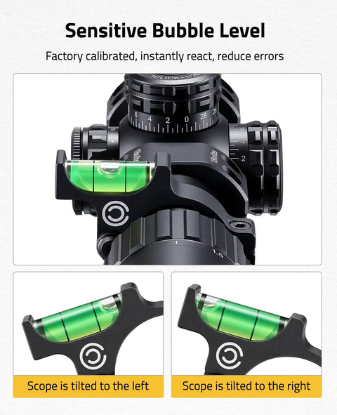 Scope Level With 30mm Scope Rings Kit For Picatinny Rails Anti Cant Bubble Level on rifle scope, showing tilt indicators.