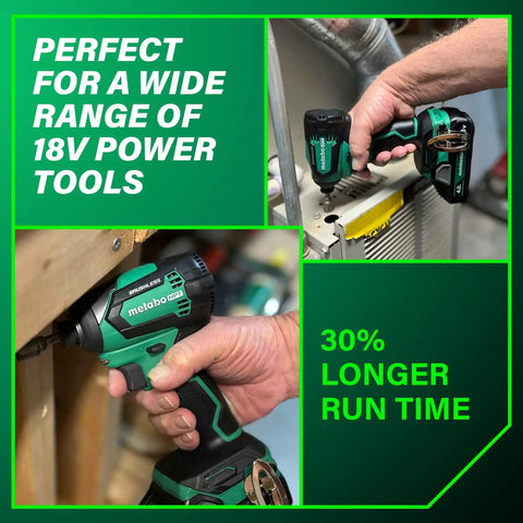 Person using lightweight 18V 4.0Ah lithium battery with fuel indicator for power tool, showing 30% longer run time