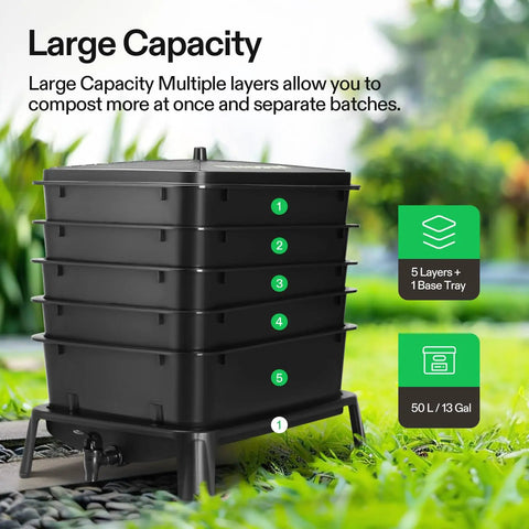 Five Layer Worm Compost Bin For Home Gardens 50L Vermicomposting Kit with vented design and spigot, shown in garden setting.