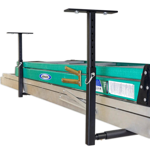 Overhead Ladder Rack Ceiling Mount For Garage Storage Holds Ladders Up To 75 Lbs Adjustable Height From 12 To 20 Inches