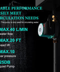 Instant Hot Water Recirculating Pump For Home Use With 110V Three Speed Control And Solid Stainless Build For Quick Floor Heating and Boiler Setup Plug And Play Zero Wait Time Rock Solid Daily Grind displaying specs with 40 L/min water flow.