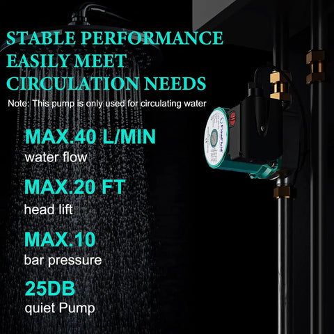 Instant Hot Water Recirculating Pump For Home Use With 110V Three Speed Control And Solid Stainless Build For Quick Floor Heating and Boiler Setup Plug And Play Zero Wait Time Rock Solid Daily Grind displaying specs with 40 L/min water flow.
