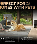 Robot Vacuum And Mop Combo With PowerDetect NeverTouch Pro shown in a living room with a person, dog, and automatic base station