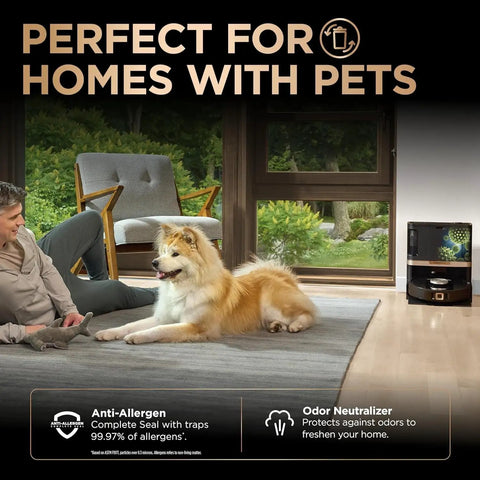 Robot Vacuum And Mop Combo With PowerDetect NeverTouch Pro shown in a living room with a person, dog, and automatic base station