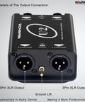 Close view of U2 Pro XLR To 1/4 Inch AUX HiFi Audio Isolation Box with 3-pin XLR outputs and ground lift feature for noise reduction.