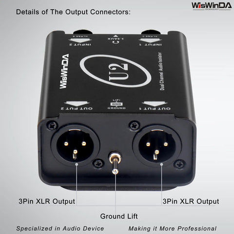 Close view of U2 Pro XLR To 1/4 Inch AUX HiFi Audio Isolation Box with 3-pin XLR outputs and ground lift feature for noise reduction.