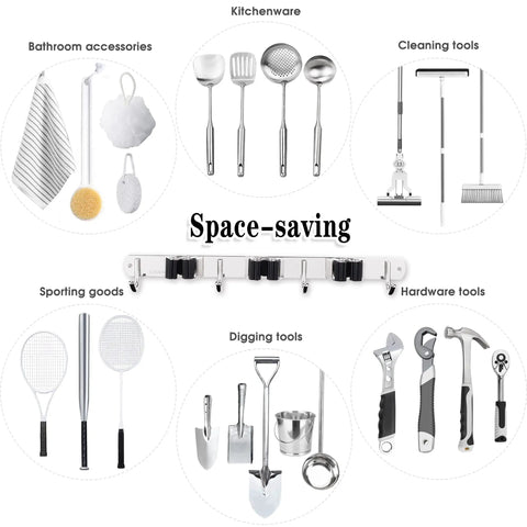 Organizational concept for Three Tiers Of Hooks And Four Hangers Broom And Mop Holder Wall Mount Garage Organizer.