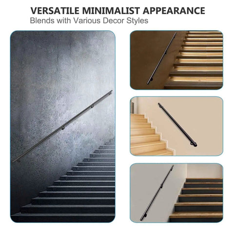 Heavy Duty Black Metal Stair Railing Wall Mounted Non Slip Handrail For Indoor Outdoor Stairs on various steps and walls.