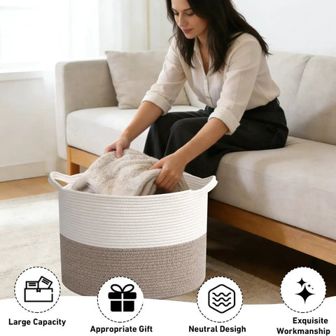 Woman using 65L Large Woven Cotton Rope Laundry Basket With Reinforced Handles No Snag Edges Rugged Hamper in living room