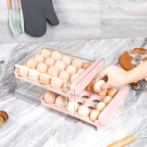 Pink Plastic Egg Holder For Fridge 2 Layer Drawer Style Egg Storage Box With Handles Stackable Tray Holds 40 Eggs BPA Free