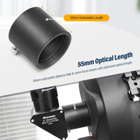 2 Inch SCT Adapter For Schmidt Cassegrain Telescopes With Side Clamp attached, showing 55mm optical length adjustment