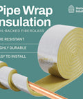 Foiled Back Fiberglass Pipe Insulation Wrap 25 Foot Long, 3 Inch Wide, 1 Inch Thick with Vapor Barrier shown unrolled