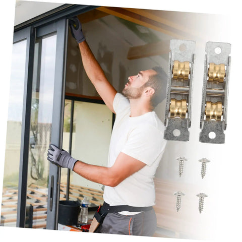 Man installing Heavy Duty Stainless Steel Sliding Door Wheels Pair With Double Pulley Track For Smooth Quiet Glide And No Sweat Cabinet Hardware Upgrade Set Includes Mounting Screws.