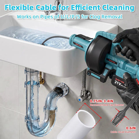 Superb Cordless Drain Auger And Tough Pipe Snake Bundled With A Fast 21V Lithium Battery And Charger For Hella Easy No Sweat Kitchen And Bath Drain Clearing, showing flexible cable and drain setup.