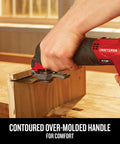 Close-up of Cordless Oscillating Tool Kit with Blades, Sandpaper, Battery and Charger Included being used on wood