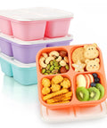 Four Compartment Bento Lunch Box Pack For Meal Prep, stackable reusable containers with assorted snacks and colorful lids