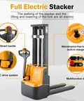 Fully Electric Pallet Stacker Crushing 2640 Pound Loads Like A Badass Workhorse With 98 Inch Max Lift showing smart handle and controls.