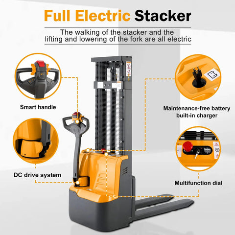 Fully Electric Pallet Stacker Crushing 2640 Pound Loads Like A Badass Workhorse With 98 Inch Max Lift showing smart handle and controls.