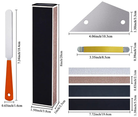 Components of Guitar Fret Leveling Kit For Pros And DIY Hobbyists, including beam, file, rocker, and sandpapers with measurements.